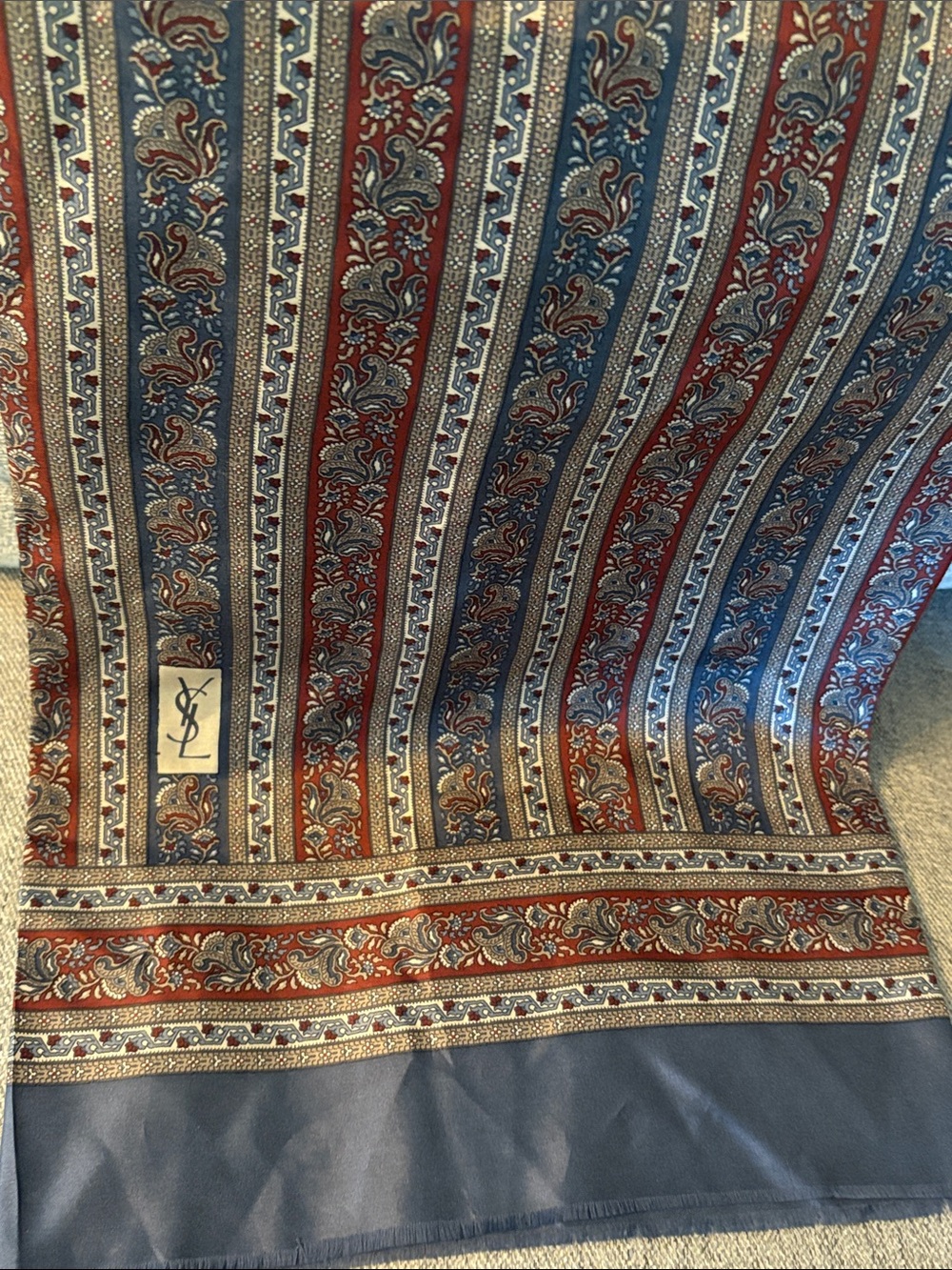 Yves Saint Laurent Red and Blue Paisley Stripe silk scarf